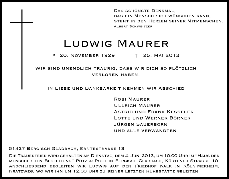  Traueranzeige für Ludwig Maurer vom 29.05.2013 aus Kölner Stadt-Anzeiger / Kölnische Rundschau / Express