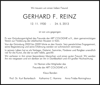 Anzeige von Gerhard Reinz von Kölner Stadt-Anzeiger / Kölnische Rundschau / Express
