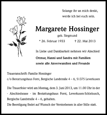 Anzeige von Margarete Hossinger von Kölner Stadt-Anzeiger / Kölnische Rundschau / Express
