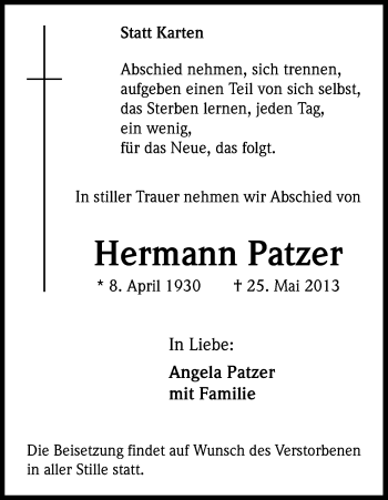 Anzeige von Hermann Patzer von Kölner Stadt-Anzeiger / Kölnische Rundschau / Express