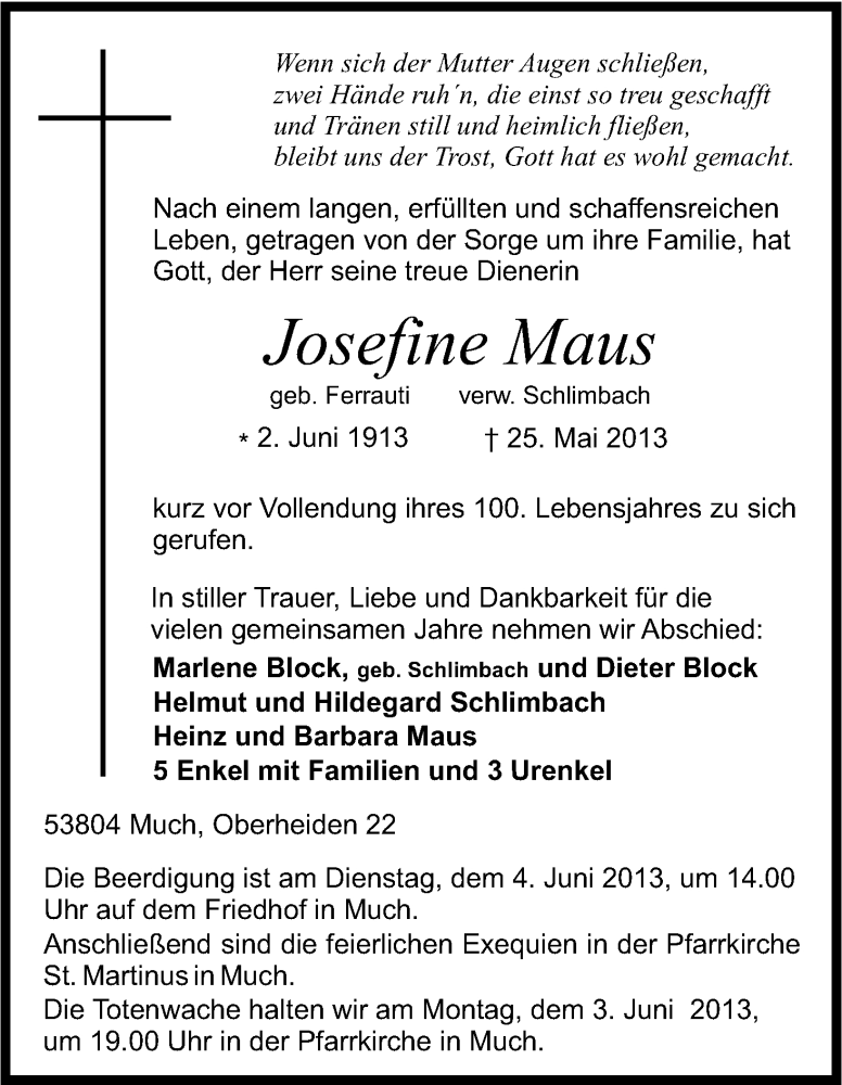  Traueranzeige für Josefine Maus vom 29.05.2013 aus Kölner Stadt-Anzeiger / Kölnische Rundschau / Express