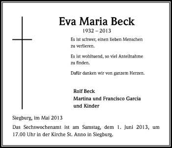 Anzeige von Eva Maria Beck von Kölner Stadt-Anzeiger / Kölnische Rundschau / Express