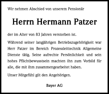 Anzeige von Hermann Patzer von Kölner Stadt-Anzeiger / Kölnische Rundschau / Express