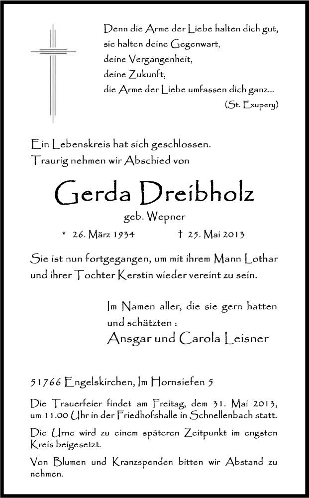  Traueranzeige für Gerda Dreibholz vom 29.05.2013 aus Kölner Stadt-Anzeiger / Kölnische Rundschau / Express