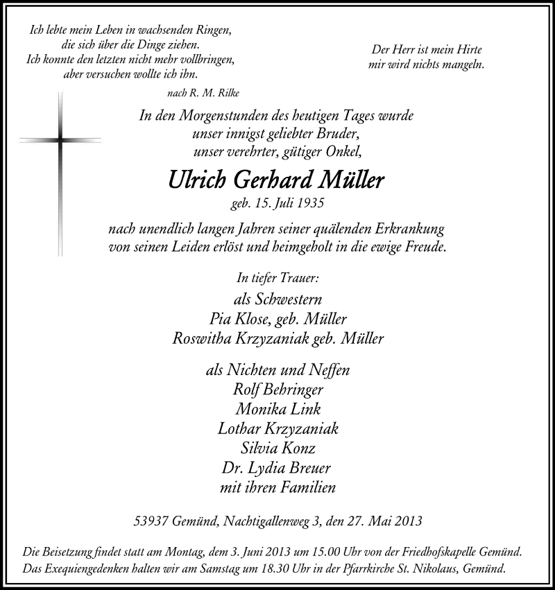  Traueranzeige für Ulrich Gerhard Müller vom 30.05.2013 aus Kölner Stadt-Anzeiger / Kölnische Rundschau / Express
