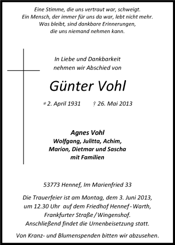 Anzeige von Günter Vohl von Kölner Stadt-Anzeiger / Kölnische Rundschau / Express