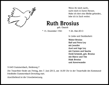 Anzeige von Ruth Brosius von Kölner Stadt-Anzeiger / Kölnische Rundschau / Express