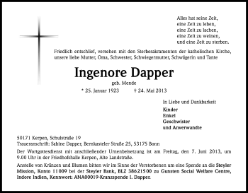 Anzeige von Ingenore Dapper von Kölner Stadt-Anzeiger / Kölnische Rundschau / Express