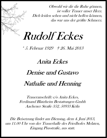 Anzeige von Rudolf Eckes von Kölner Stadt-Anzeiger / Kölnische Rundschau / Express