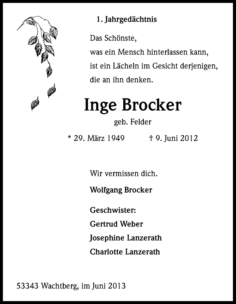  Traueranzeige für Inge Brocker vom 08.06.2013 aus Kölner Stadt-Anzeiger / Kölnische Rundschau / Express