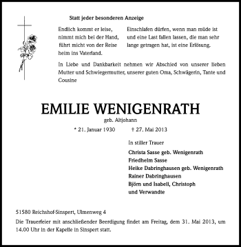 Anzeige von Emilie Wenigenrath von Kölner Stadt-Anzeiger / Kölnische Rundschau / Express
