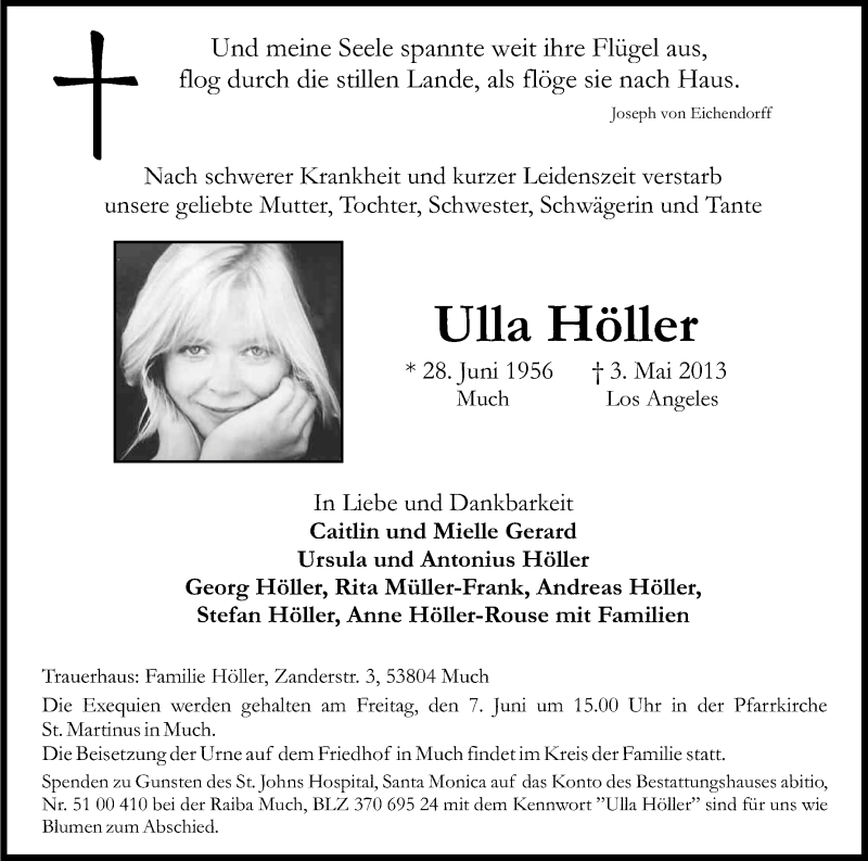  Traueranzeige für Ulla Höller vom 01.06.2013 aus Kölner Stadt-Anzeiger / Kölnische Rundschau / Express