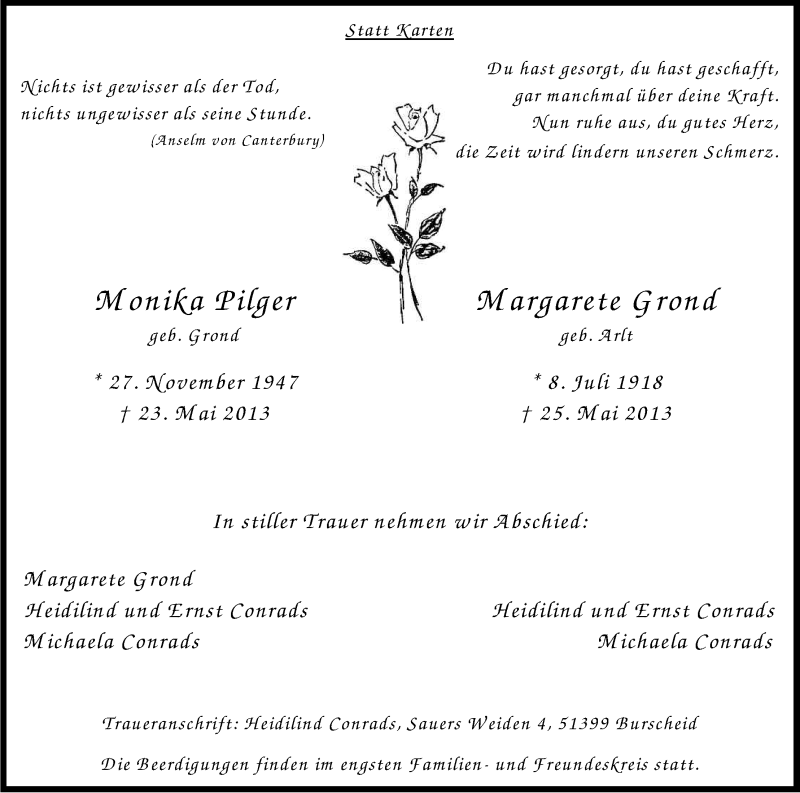  Traueranzeige für Monika Pilger vom 01.06.2013 aus Kölner Stadt-Anzeiger / Kölnische Rundschau / Express