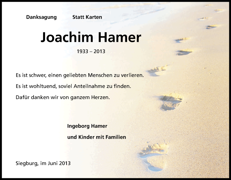  Traueranzeige für Joachim Hamer vom 01.06.2013 aus Kölner Stadt-Anzeiger / Kölnische Rundschau / Express