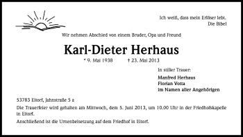 Anzeige von Karl-Dieter Herhaus von Kölner Stadt-Anzeiger / Kölnische Rundschau / Express