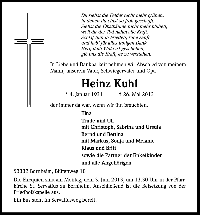  Traueranzeige für Heinz Kuhl vom 29.05.2013 aus Kölner Stadt-Anzeiger / Kölnische Rundschau / Express