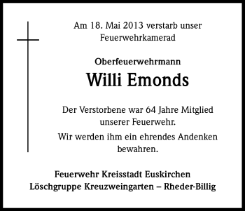 Anzeige von Willi Emonds von Kölner Stadt-Anzeiger / Kölnische Rundschau / Express