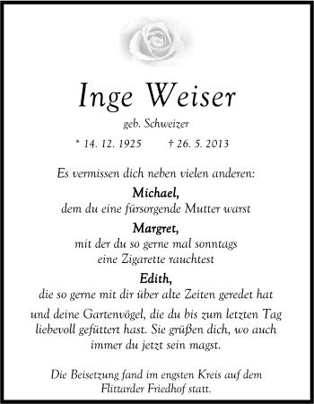 Anzeige von Inge Weiser von Kölner Stadt-Anzeiger / Kölnische Rundschau / Express