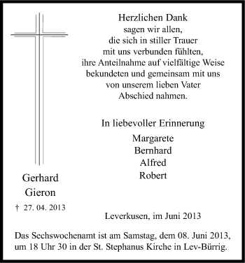 Anzeige von Gerhard Gieron von Kölner Stadt-Anzeiger / Kölnische Rundschau / Express