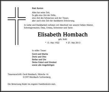 Anzeige von Elisabeth Hombach von Kölner Stadt-Anzeiger / Kölnische Rundschau / Express