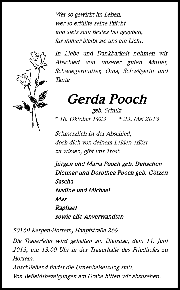  Traueranzeige für Gerda Pooch vom 01.06.2013 aus Kölner Stadt-Anzeiger / Kölnische Rundschau / Express