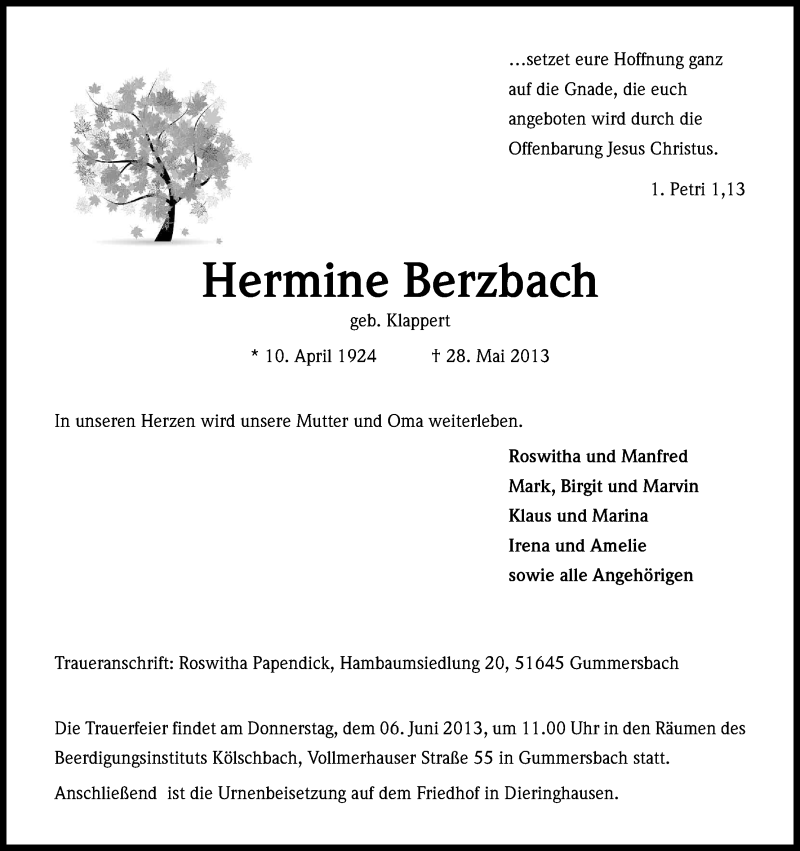  Traueranzeige für Hermine Berzbach vom 01.06.2013 aus Kölner Stadt-Anzeiger / Kölnische Rundschau / Express