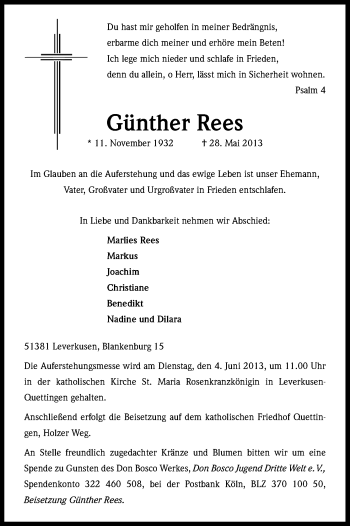 Anzeige von Günther Rees von Kölner Stadt-Anzeiger / Kölnische Rundschau / Express