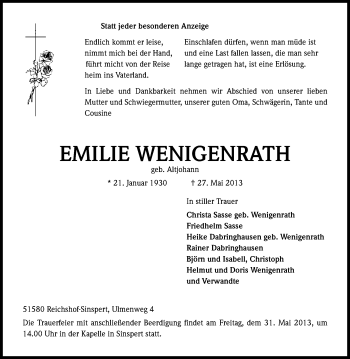 Anzeige von Emilie Wenigenrath von Kölner Stadt-Anzeiger / Kölnische Rundschau / Express