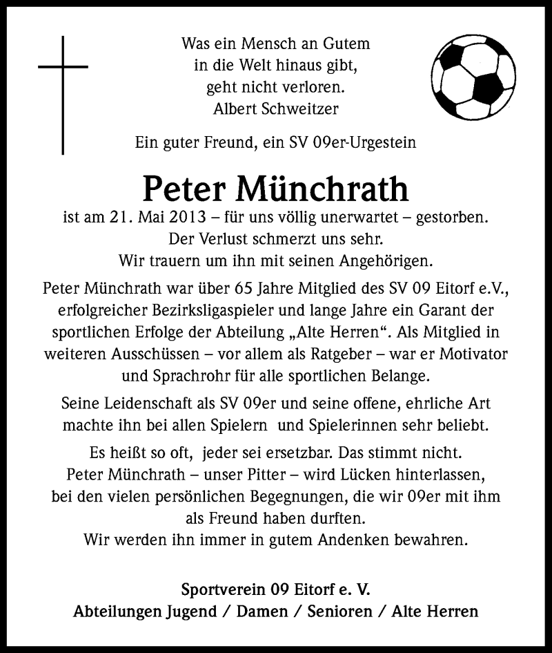  Traueranzeige für Peter Münchrath vom 01.06.2013 aus Kölner Stadt-Anzeiger / Kölnische Rundschau / Express