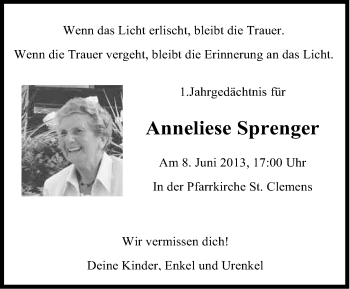 Anzeige von Anneliese Sprenger von Kölner Stadt-Anzeiger / Kölnische Rundschau / Express