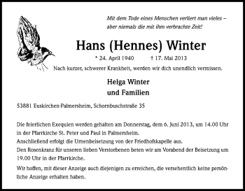 Anzeige von Hans Winter von Kölner Stadt-Anzeiger / Kölnische Rundschau / Express