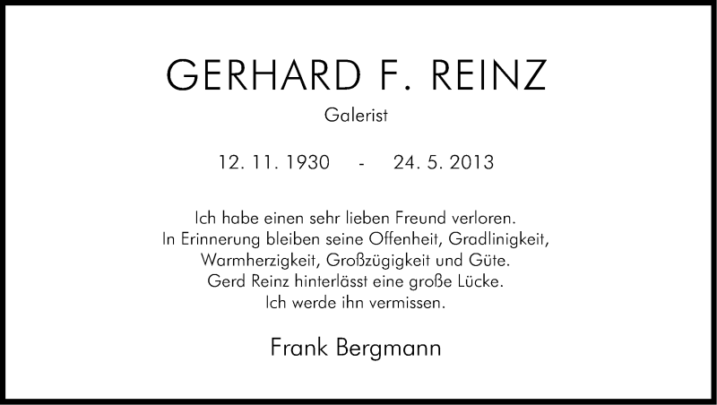  Traueranzeige für Gerhard Reinz vom 01.06.2013 aus Kölner Stadt-Anzeiger / Kölnische Rundschau / Express