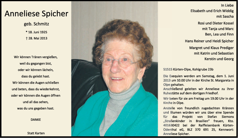  Traueranzeige für Anneliese Spicher vom 30.05.2013 aus Kölner Stadt-Anzeiger / Kölnische Rundschau / Express