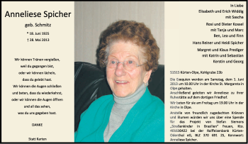 Anzeige von Anneliese Spicher von Kölner Stadt-Anzeiger / Kölnische Rundschau / Express
