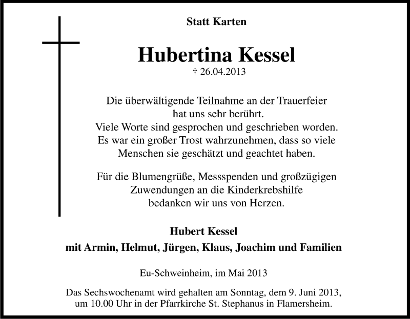  Traueranzeige für Hubertina Kessel vom 01.06.2013 aus Kölner Stadt-Anzeiger / Kölnische Rundschau / Express