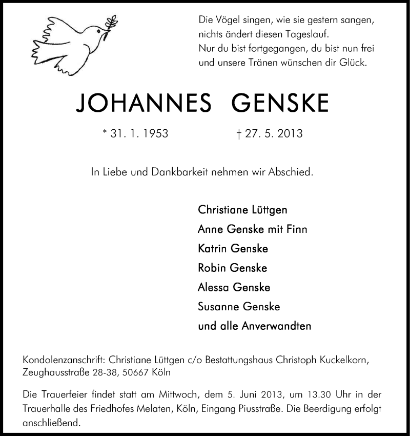  Traueranzeige für Johannes Genske vom 01.06.2013 aus Kölner Stadt-Anzeiger / Kölnische Rundschau / Express