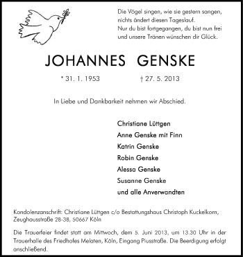 Anzeige von Johannes Genske von Kölner Stadt-Anzeiger / Kölnische Rundschau / Express