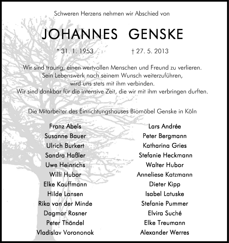  Traueranzeige für Johannes Genske vom 01.06.2013 aus Kölner Stadt-Anzeiger / Kölnische Rundschau / Express