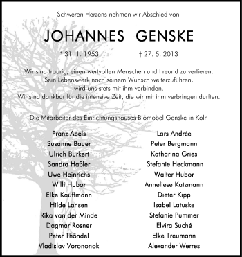 Anzeige von Johannes Genske von Kölner Stadt-Anzeiger / Kölnische Rundschau / Express
