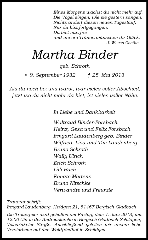  Traueranzeige für Martha Binder vom 01.06.2013 aus Kölner Stadt-Anzeiger / Kölnische Rundschau / Express