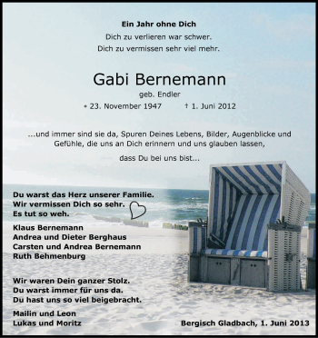 Anzeige von Gabi Bernemann von Kölner Stadt-Anzeiger / Kölnische Rundschau / Express