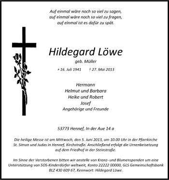 Anzeige von Hildegard Löwe von Kölner Stadt-Anzeiger / Kölnische Rundschau / Express