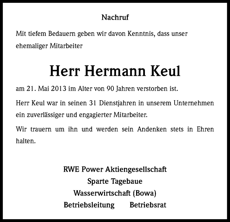  Traueranzeige für Hermann Keul vom 05.06.2013 aus Kölner Stadt-Anzeiger / Kölnische Rundschau / Express