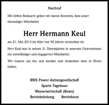 Anzeige von Hermann Keul von Kölner Stadt-Anzeiger / Kölnische Rundschau / Express