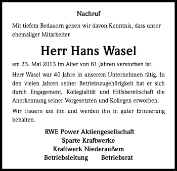 Anzeige von Hans Wasel von Kölner Stadt-Anzeiger / Kölnische Rundschau / Express