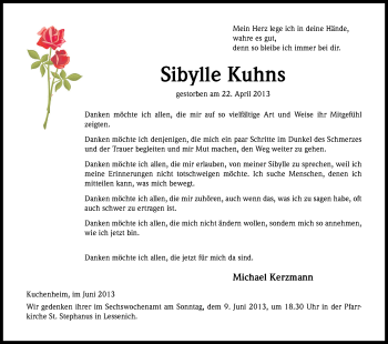Anzeige von Sibylle Kuhns von Kölner Stadt-Anzeiger / Kölnische Rundschau / Express