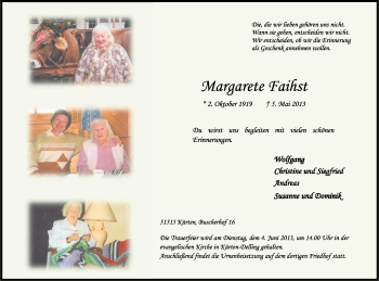 Anzeige von Margarete Faihst von Kölner Stadt-Anzeiger / Kölnische Rundschau / Express