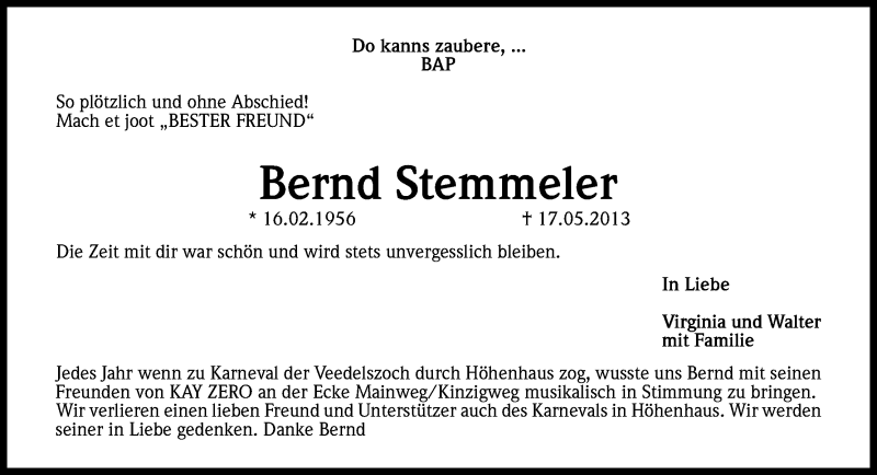  Traueranzeige für Bernd Stemmeler vom 01.06.2013 aus Kölner Stadt-Anzeiger / Kölnische Rundschau / Express