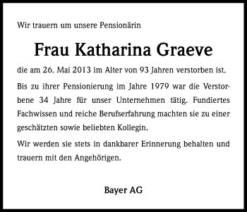 Anzeige von Katharina Graeve von Kölner Stadt-Anzeiger / Kölnische Rundschau / Express