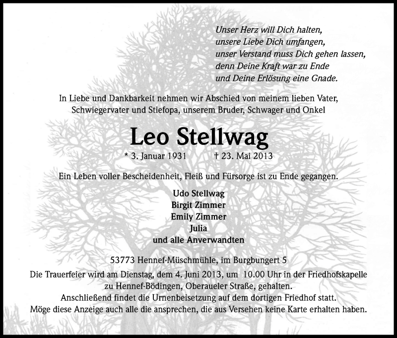  Traueranzeige für Leo Stellwag vom 01.06.2013 aus Kölner Stadt-Anzeiger / Kölnische Rundschau / Express